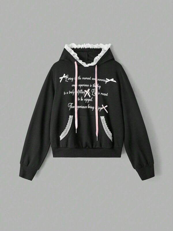 SHEIN MOD Plus Size Floral Lace Patchwork Bow Decor Cute Girl Ladies' Long Sleeve Sweatshirt