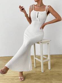 Calvaya Solid Color Tie-Front Pleated Drawstring Cami Dress, Summer
