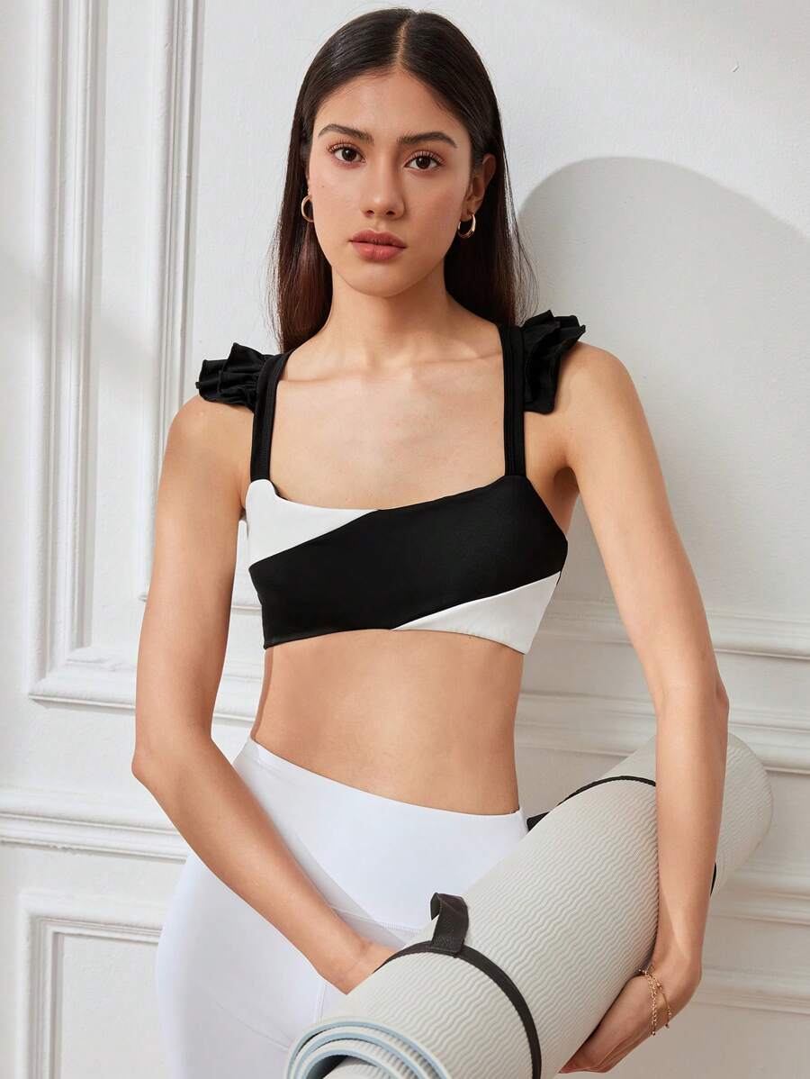 SHEIN Sports Women Contrast Color Patchwork Ruffle Sports Bra - Black and White - View 1