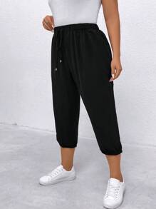 EMERY ROSE Plus Size Casual Solid Color Jogger Pants - Black - View 4