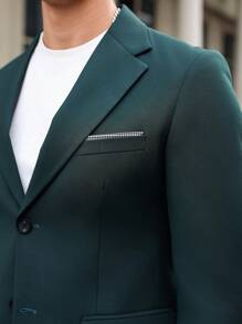 Manfinity Mode Men's Lapel Neck Long Sleeve Suit Jacket And Pants Business Casual 2-Piece Set, Spring & Fall, Men Green Suit, Hunter Green Men Suit, Men Casual Suits - Dark Green - View 3