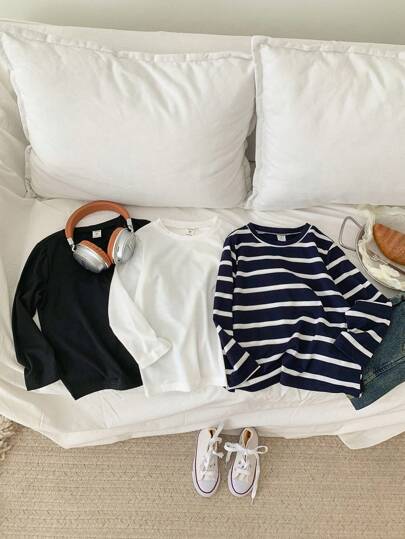 3 piezas Camiseta de manga larga de cuello redondo casual para niño pequeño, en negro, blanco y rayas azules, alto rendimiento precio-calidad, adecuado para primavera, otoño y como capa de invierno, ofrece varias combinaciones de color para opciones de estilo, cómodo de llevar, versátil