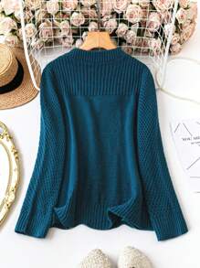 SHEIN LUNE Áo len cổ tròn màu trơn dáng rộng, cỡ lớn, thích hợp mặc mùa thu đông. - Màu xanh lam - Xem 2