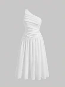 SHEIN MOD 3D 花卉不对称荷叶边大码女式长裙 - 白色 - 查看 6