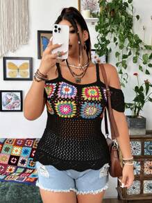 Flirla Áo len đan vai có hoa cỡ lớn dành cho nữ cho kỳ nghỉ - màu đen - Xem 4