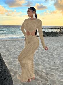 SHEIN SXY Vestido sexy para playa, ropa de playa, conjunto de ropa de playa para mujeres, ropa de playa transparente para vacaciones, vestido largo de playa color albaricoque - Caqui - Ver 5