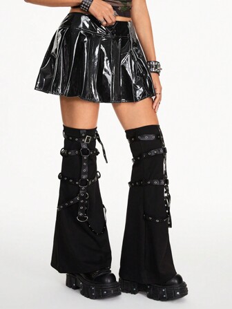 Grunge Punk Jupe à fermeture éclair métallique plissée mini en PU pour femmes, école