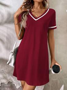EMERY ROSE V-Neck Contrast Color Rib-Knit Black Casual Dress - Burgundy - View 3