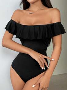 SHEIN Unity Body negro elegante con ribete de volantes, sexy y adelgazante - Negro - Ver 1