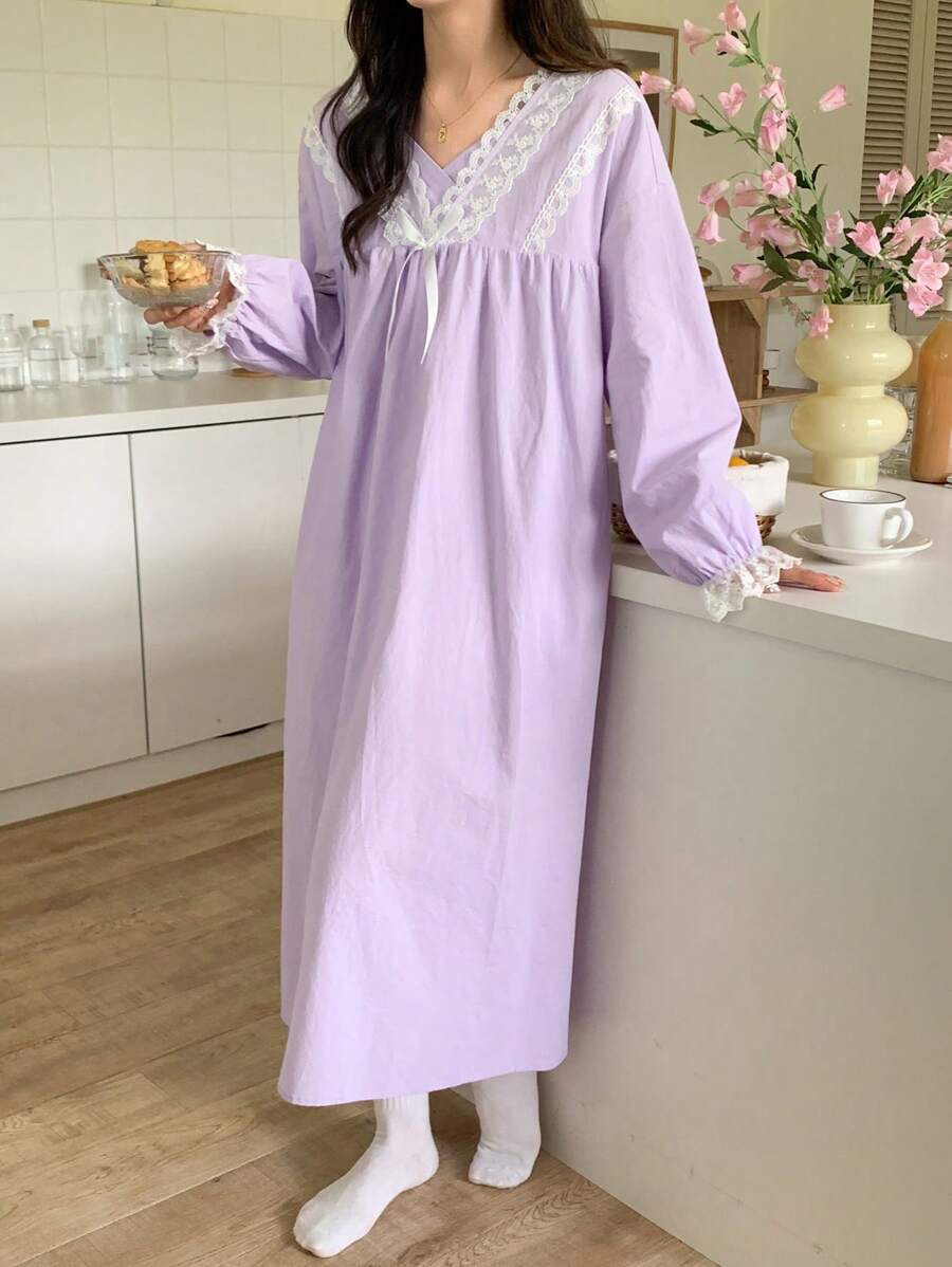 DAZY Romantic Lace Patchwork Bowknot Ruffle Hem Nightgown Pajama - Purple - View 1