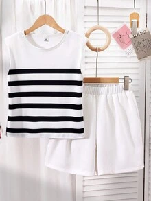 2pcs Tween Girls' Colorblock Striped Crew Neck Sleeveless Top And Shorts Set, Mommy And Me - White - View 4