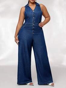 SHEIN SXY Plus Size V-Neck Sleeveless Single-Breasted Belted Pockets Straight Loose Casual Chic Denim Overall Jumpsuit