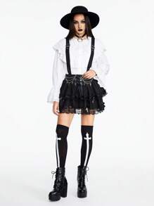 ROMWE Goth 女式哥特式洛丽塔蕾丝装饰围裙，配金属吊坠 - 黑色 - 查看 1