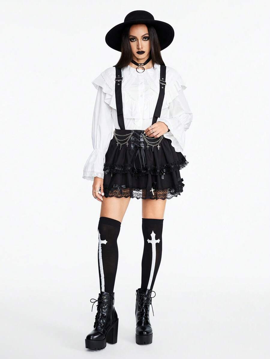 ROMWE Goth 女式哥特式洛丽塔蕾丝装饰围裙，配金属吊坠 - 黑色 - 查看 1