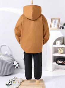 SHEIN 2 Stücke/Set YongBoy modischer, lässiger Hoodie Jacke mit Taschen in Halbarm Länge & einfarbige Jogginghose, geeignet für alltäglichen Sport, Outdoor, Schule, Straßenmode