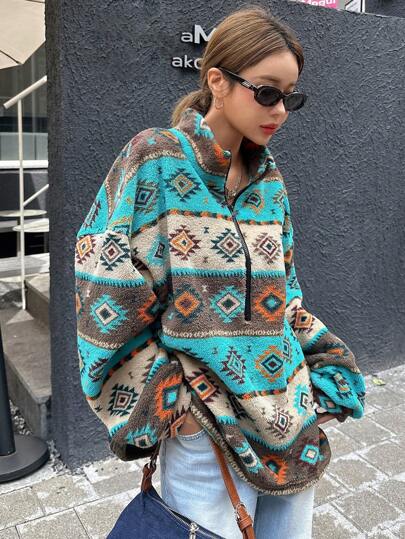 DAZY Casual Colorblock Geometric Print Stand Collar Sweatshirt, Autumn/Winter,Fall Women Clothes