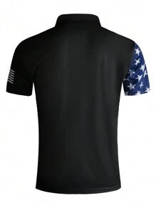 Genlund Men's Button-Up Star Striped National Flag Print Short Sleeve Slim Fit Casual Polo Shirt - Multicolor - View 2