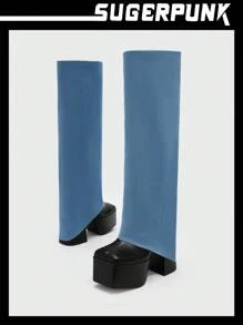 Sugerpunk Women Slip On Square Toe Platform Classic Boots, Fashionable Outdoor Denim Boots