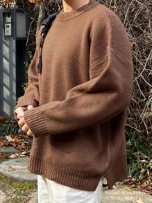 DAZY Men's Solid Color Crew Neck Casual Knitted Brown  Sweater, Fall