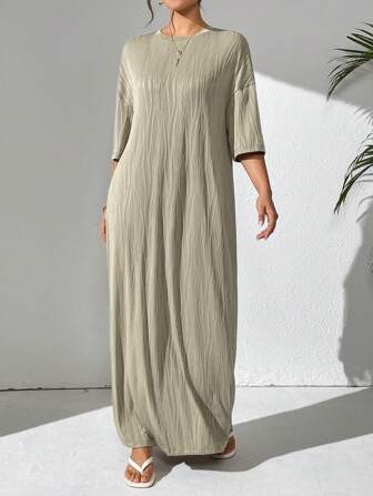 Mulvari 女士纯色圆领蝙蝠袖长款宽松休闲连衣裙，春夏季，非常适合海滩/休闲/度假/家居服