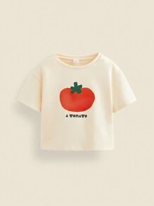 THE HAPPY LOOK Koszulka dla młodej dziewczyny z nadrukiem jabłka, dzianinowa, prosta, swobodna, beżowa, z okrągłym dekoltem i krótkim rękawem, na powrót do szkoły, wiosna/lato - Żółty - Zobacz 1