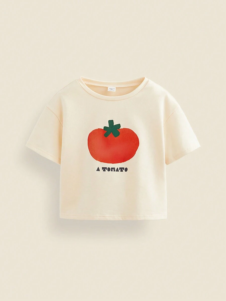 THE HAPPY LOOK Koszulka dla młodej dziewczyny z nadrukiem jabłka, dzianinowa, prosta, swobodna, beżowa, z okrągłym dekoltem i krótkim rękawem, na powrót do szkoły, wiosna/lato - Żółty - Zobacz 1