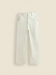 THE HAPPY LOOK Pantalones largos casuales, rectos y relajados con estampado a rayas, tela tejida, aptos para niñas adolescentes en primavera, verano, otoño e invierno - Beis - Ver 1