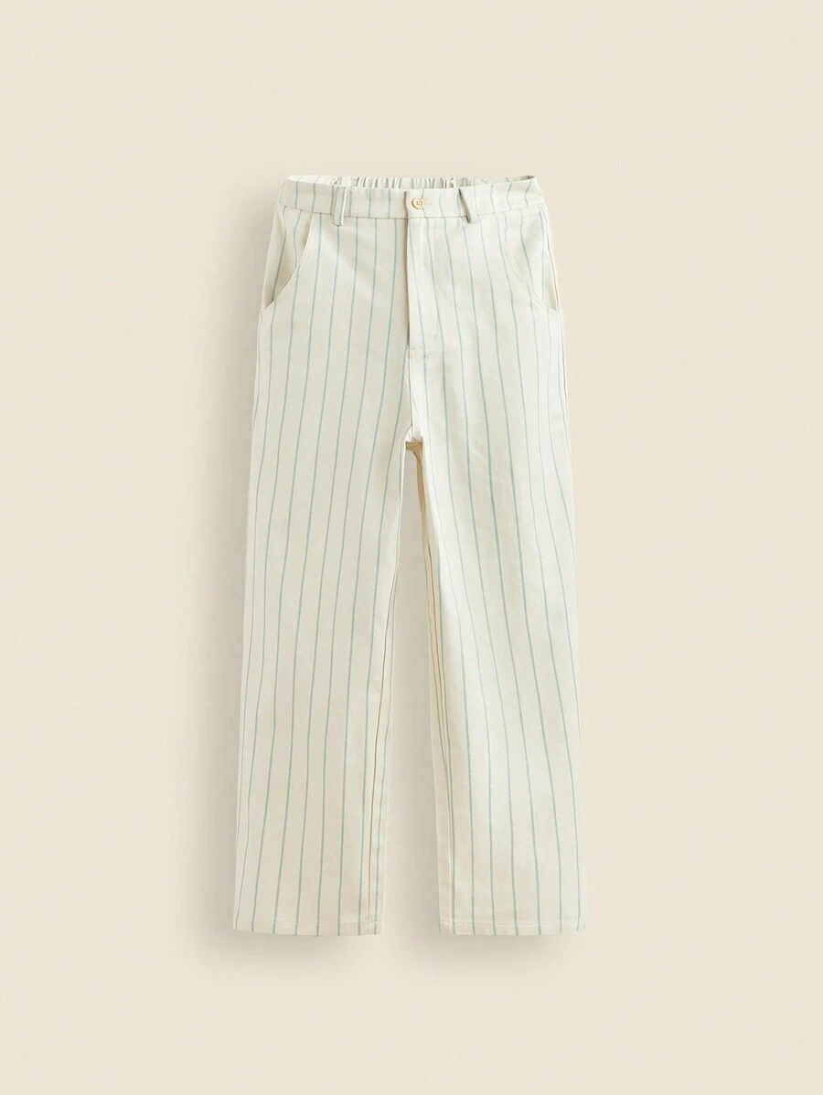 THE HAPPY LOOK Pantalones largos casuales, rectos y relajados con estampado a rayas, tela tejida, aptos para niñas adolescentes en primavera, verano, otoño e invierno - Beis - Ver 1