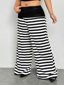 SHEIN ICON 大码女式黑白条纹拼布裤 - 黑與白 - 查看 5