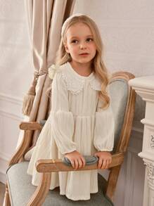 SHEIN 年轻女孩学院风优雅彼得潘领灯笼袖收腰提花针织纯色中长连衣裙，适合秋冬季