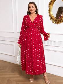 SHEIN Clasi Damen Kleid in großen Größen mit Rüschen, Pünktchen-Muster und Schlitz am Saum, elegantes Design für Frühling und Sommer - Bordeaux - Übersicht 3