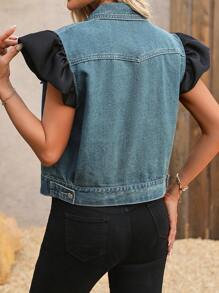 SHEIN LUNE Chaleco vaquero sencillo de color contrastante para mujer - Azul lavado medio - Ver 2