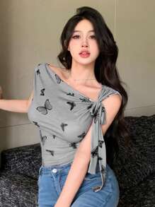 DAZY Women's Butterfly Printed Knotted Asymmetrical Neckline Short Sleeve T-Shirt, Summer - Grey - View 6