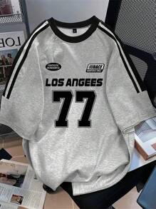 Aesthetic Post 男士休闲拼色条纹字母印花 T 恤，夏季 - 灰色 - 查看 1