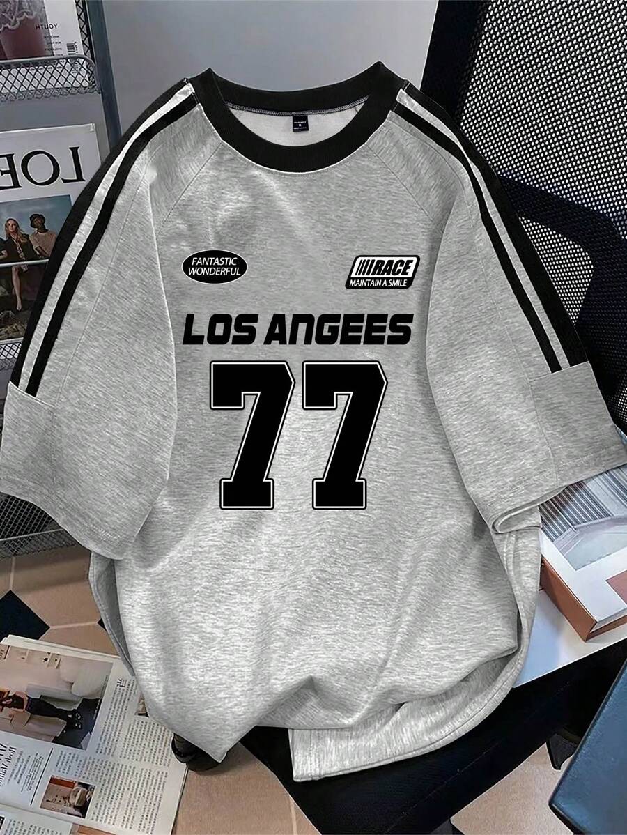 Aesthetic Post 男士休闲拼色条纹字母印花 T 恤，夏季 - 灰色 - 查看 1