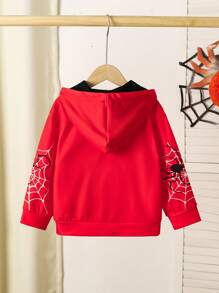 SHEIN Girls' Spider Web Pattern Print Casual Loose Hooded Long Sleeve Jacket, Suitable For Party And Gathering