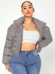 SHEIN SXY 性感拉链漏斗领夹棉大衣 - 灰色 - 查看 3