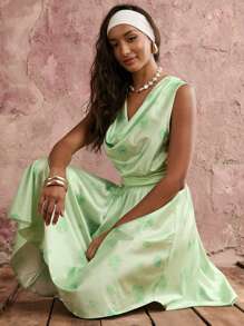 COSMINA Women's Sleeveless Asymmetrical Hem Floral Print Dress, Casual Vacation - Lime Green - View 3