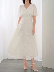 Modelyn 女士 V 领荷叶边袖时尚派对聚会配套连衣裙，优雅晚会礼服长款晚礼服 - 杏色 - 查看 4