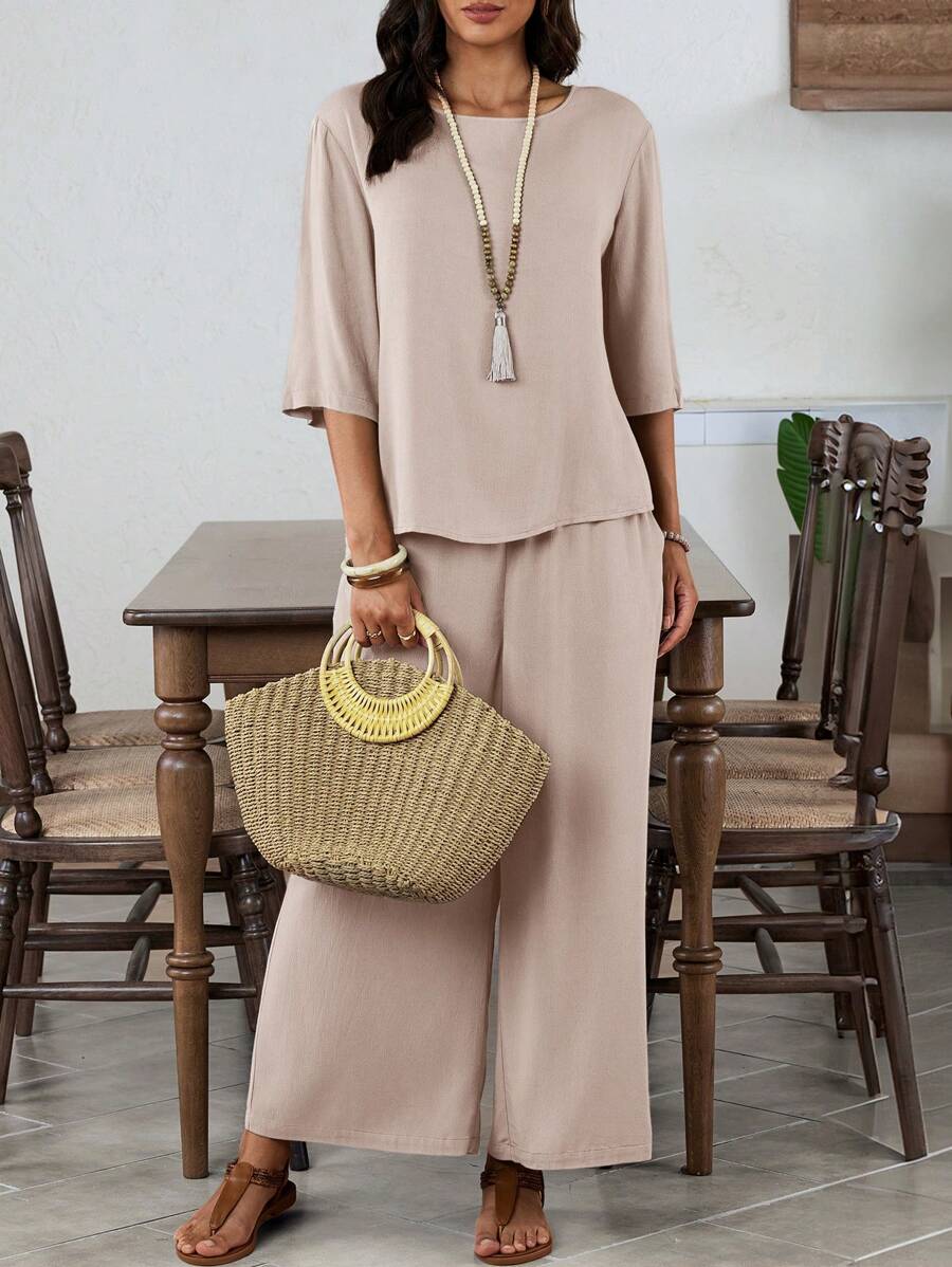 EMERY ROSE 2 件套女士纯色优雅圆领中袖绿色阔腿裤 - 卡其色 - 查看 1