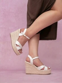 CUCCOO CURVES Women's White Wedge Heel Thick Sole Sandals, Cross Ankle Buckle Open Toe High-Heeled Shoes, Summer Holiday Outdoor Thick Bottom Sandals Halloween Christmas - White - View 6