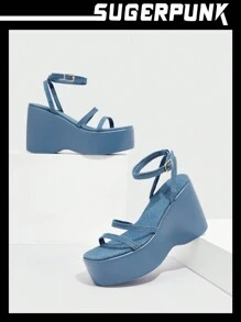 Sugerpunk Xăng đan đế xuồng tối giản cho nữ, Xăng đan thời trang có dây đeo mắt cá chân denim - Màu xanh lam - Xem 5