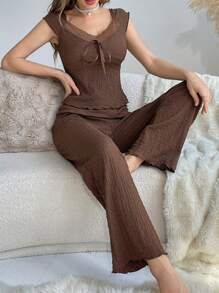 DUSKBASE Lace Patchwork V-Neck Tie Front Jacquard Short Sleeve Top And Pants Set Lounge Set - Coffee Brown - View 3