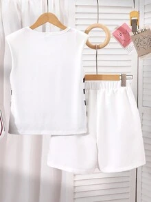 2pcs Tween Girls' Colorblock Striped Crew Neck Sleeveless Top And Shorts Set, Mommy And Me - White - View 2