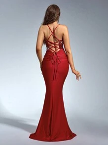 SHEIN Belle 女士优雅华丽亮片拼接系带露背缎面高腰正式吊带连衣裙、婚礼宾客礼服、派对礼服、舞会礼服 - 紅色 - 查看 2