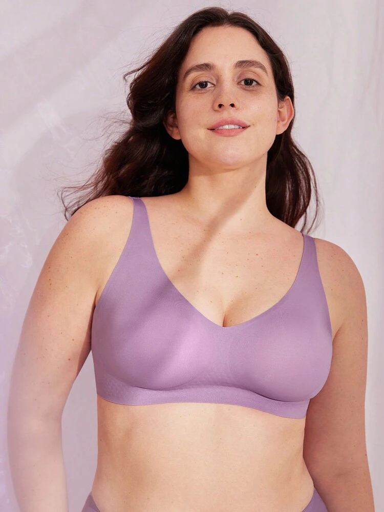 Dream Curve 2ndSkin Purple Wireless Seamless Plunge Lounge T-Shirt Lingerie As Outerwear Bra Sticky Basic SizeFreedom Bra No Show Underwear Comfortable Must-Haves Also Suitable For Teen Girl & Young & Kid