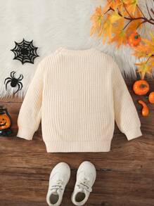 SHEIN 男婴万圣节南瓜脸刺绣毛衣，温暖舒适的针织套头毛衣，适合休闲、节日、家居、万圣节派对 - 杏色 - 查看 2
