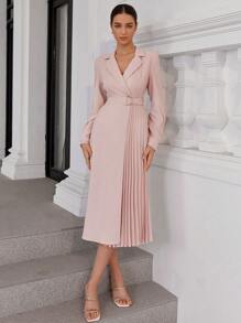 SHEIN Privé Vintage French Style Lapel Patchwork Pleated Hem Midi Dress, Spring & Fall - Pink - View 6
