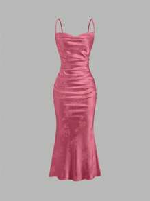 Sweetra Đầm Maxi Satin In Hoa Tối Giản Thường Ngày Cho Nữ Thanh Lịch, Đơn Giản, Nhún Vai, Màu Đỏ Tía, Trang Phục Cho Nữ - Màu Đỏ Sâu - Xem 1