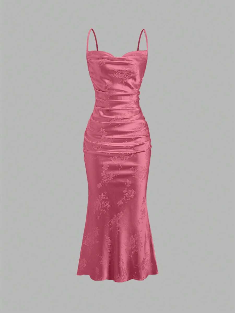 Sweetra Đầm Maxi Satin In Hoa Tối Giản Thường Ngày Cho Nữ Thanh Lịch, Đơn Giản, Nhún Vai, Màu Đỏ Tía, Trang Phục Cho Nữ - Màu Đỏ Sâu - Xem 1